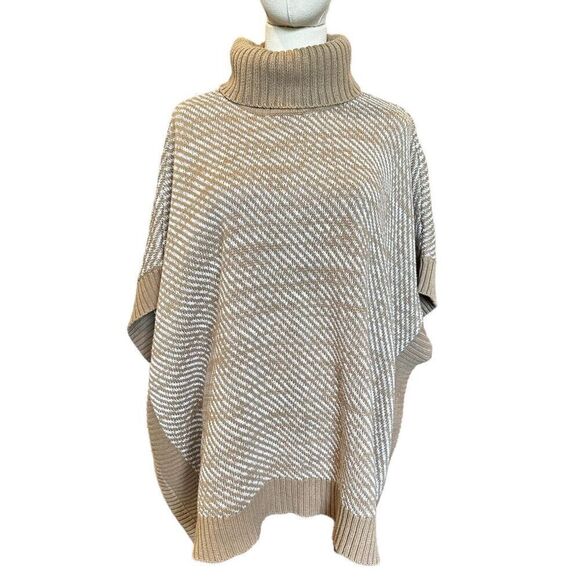 Michael Kors Twill Stitch Turtleneck Poncho Sweater Camel Size XL Tan White - Picture 7 of 13